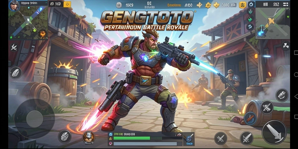 Screenshot utama GENGTOTO menampilkan aksi seru dalam pertempuran Battle Royale.