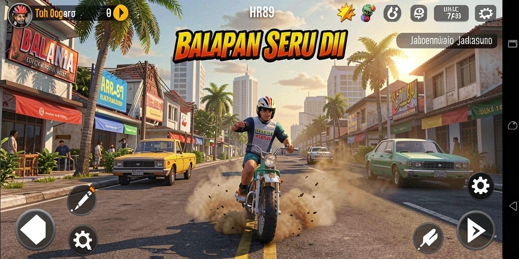 Gameplay seru HR89 dengan kendaraan memukau di jalur balap.