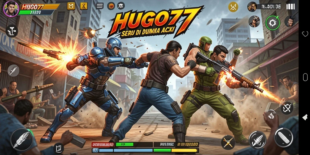 Tangkapan layar utama HUGO77 menampilkan aksi pertempuran seru di arena.