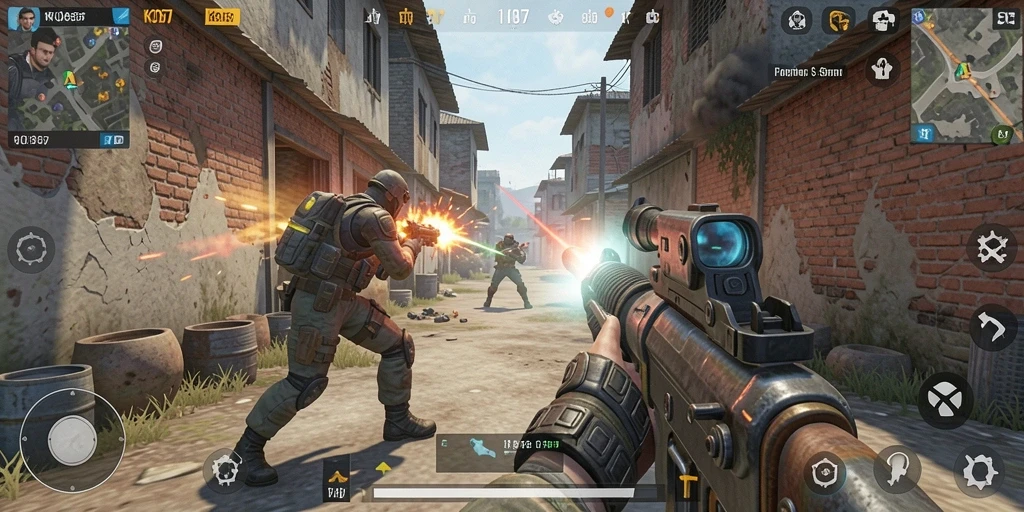 Screenshot menampilkan aksi intens dalam permainan FPS.